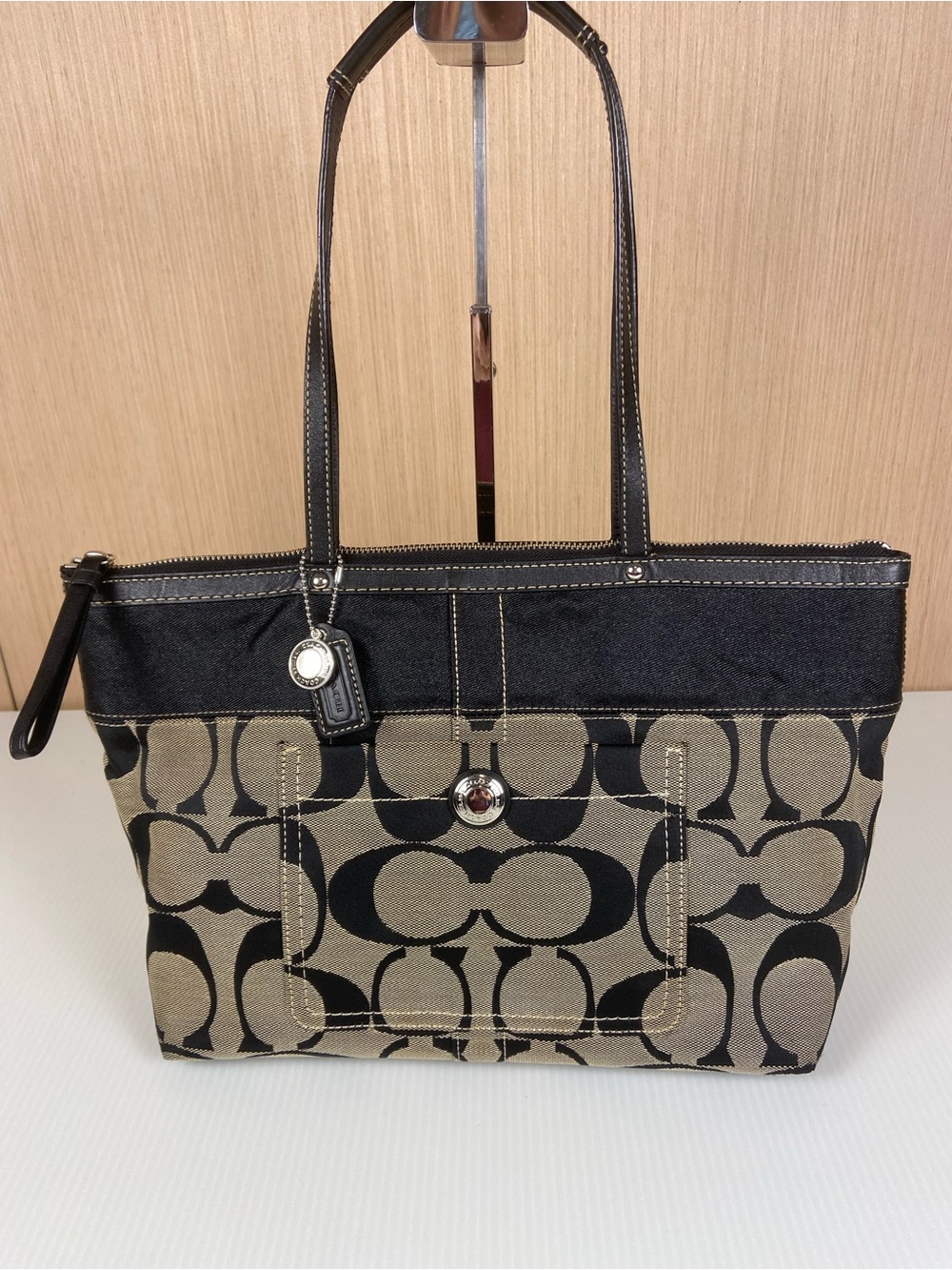 Coach 13705 Signature Gallery Tote Khaki Black Tattersall Plaid Shoulder Bag - Picture 1 of 15